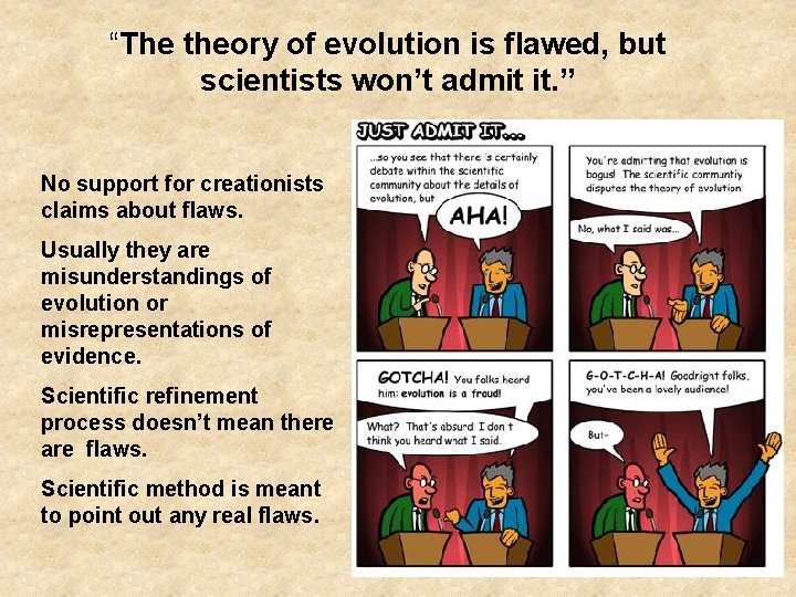 “The theory of evolution is flawed, but scientists won’t admit it. ” No support