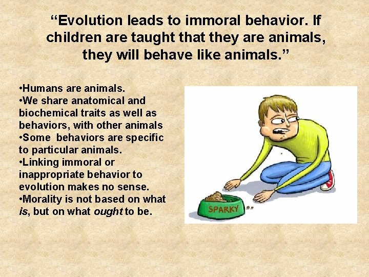 “Evolution leads to immoral behavior. If children are taught that they are animals, they