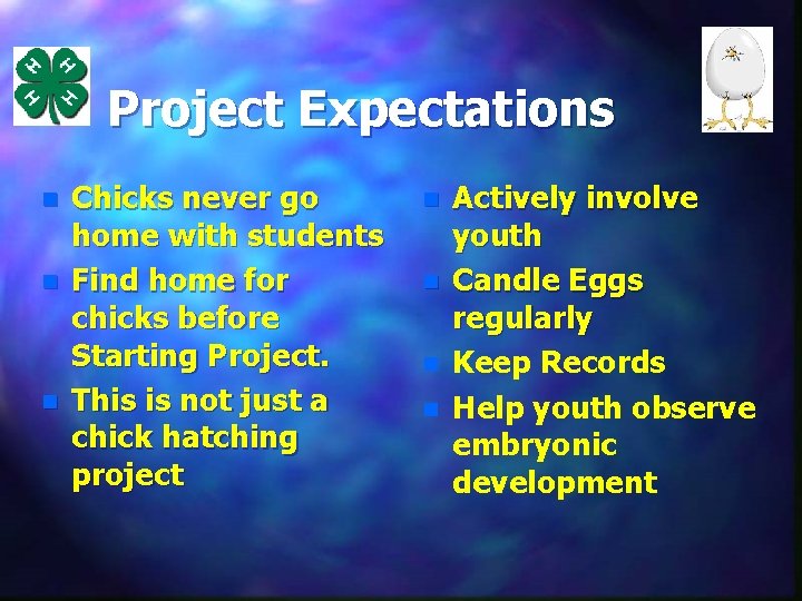 Project Expectations n n n Chicks never go home with students Find home for