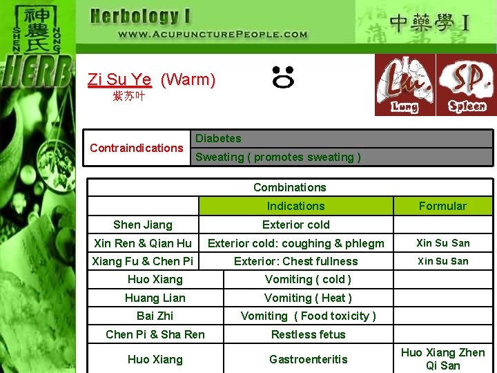 Zi Su Ye (Warm) 紫苏叶 Contraindications Diabetes Sweating ( promotes sweating ) Combinations Indications
