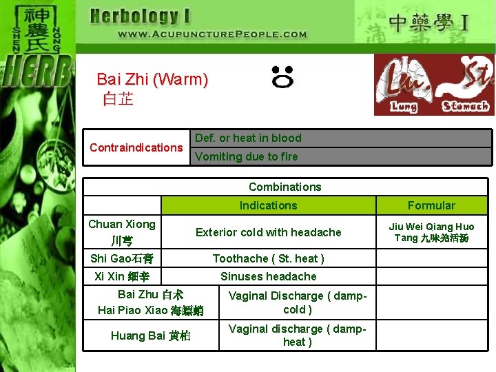 Bai Zhi (Warm) 白芷 Contraindications Def. or heat in blood Vomiting due to fire