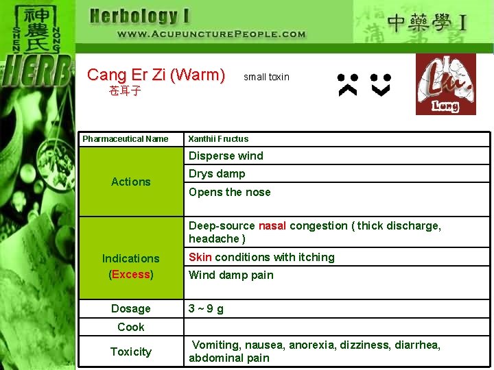 Cang Er Zi (Warm) small toxin 苍耳子 Pharmaceutical Name Xanthii Fructus Disperse wind Actions