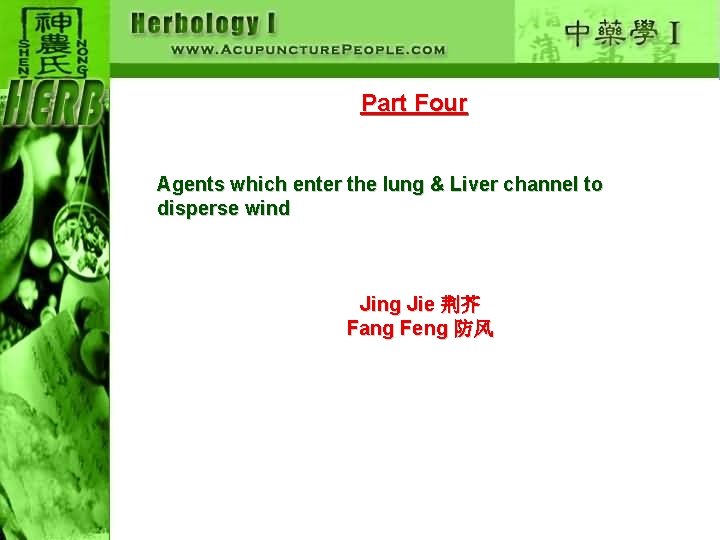 Part Four Agents which enter the lung & Liver channel to disperse wind Jing