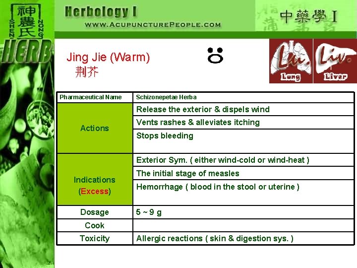 Jing Jie (Warm) 　荆芥 Pharmaceutical Name Schizonepetae Herba Release the exterior & dispels wind