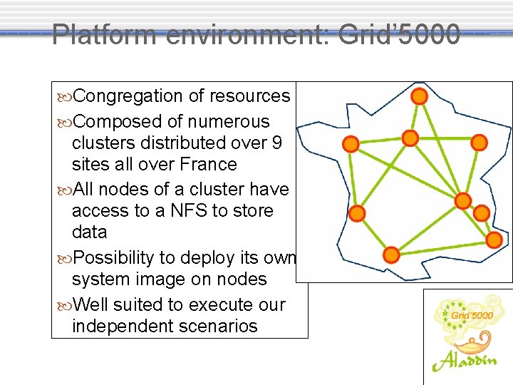 Platform environment: Grid’ 5000 Congregation of resources Composed of numerous clusters distributed over 9