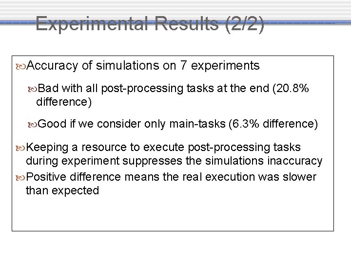Experimental Results (2/2) Accuracy of simulations on 7 experiments Bad with all post-processing tasks