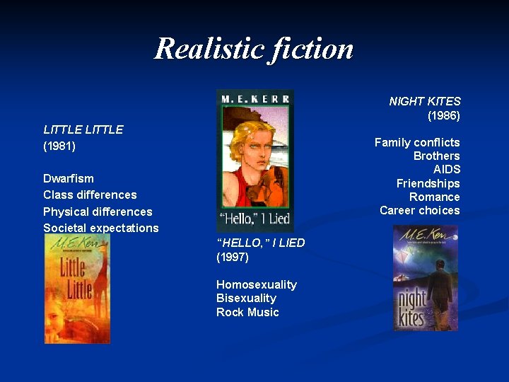 Realistic fiction NIGHT KITES (1986) LITTLE (1981) Family conflicts Brothers AIDS Friendships Romance Career