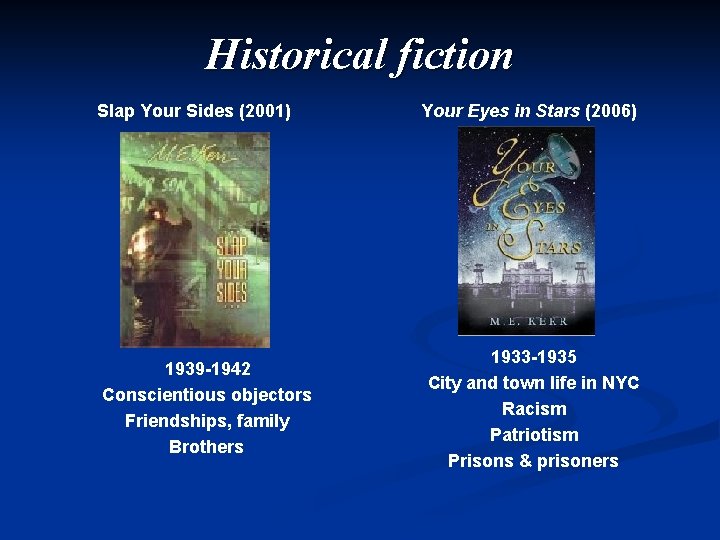 Historical fiction Slap Your Sides (2001) 1939 -1942 Conscientious objectors Friendships, family Brothers Your