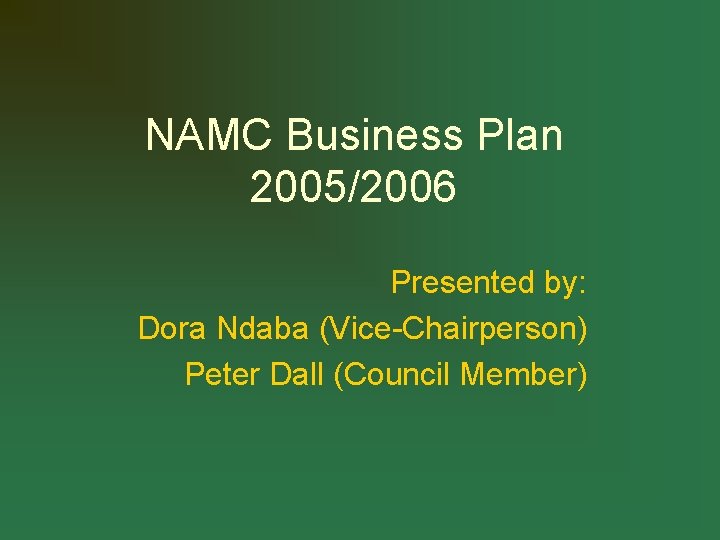 NAMC Business Plan 2005/2006 Presented by: Dora Ndaba (Vice-Chairperson) Peter Dall (Council Member) 