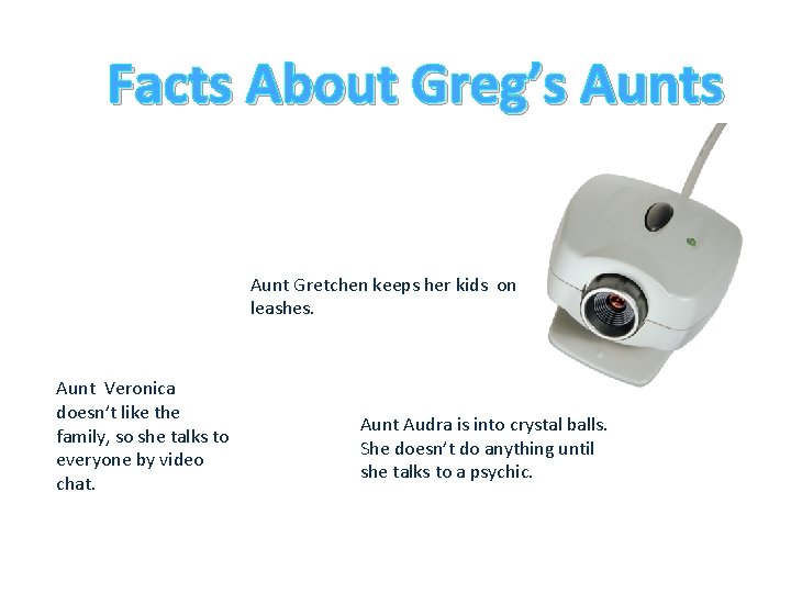 Facts About Greg’s Aunt Gretchen keeps her kids on leashes. Aunt Veronica doesn’t like