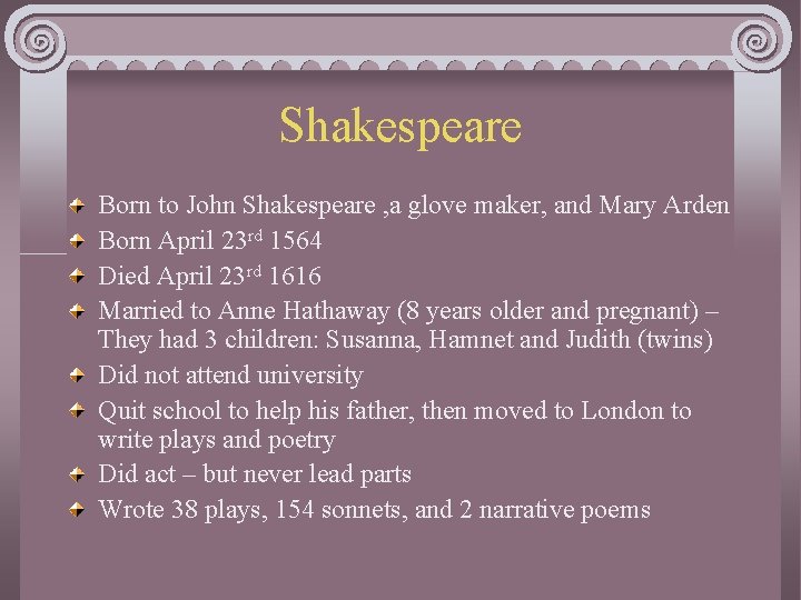 Shakespeare Born to John Shakespeare , a glove maker, and Mary Arden Born April