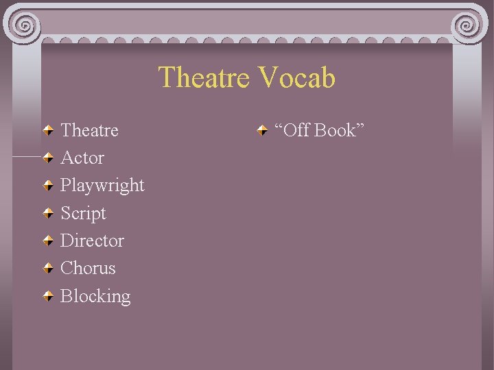 Theatre Vocab Theatre Actor Playwright Script Director Chorus Blocking “Off Book” 