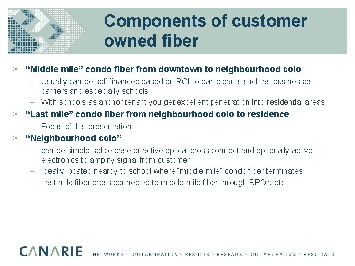 Components of customer owned fiber > “Middle mile” condo fiber from downtown to neighbourhood