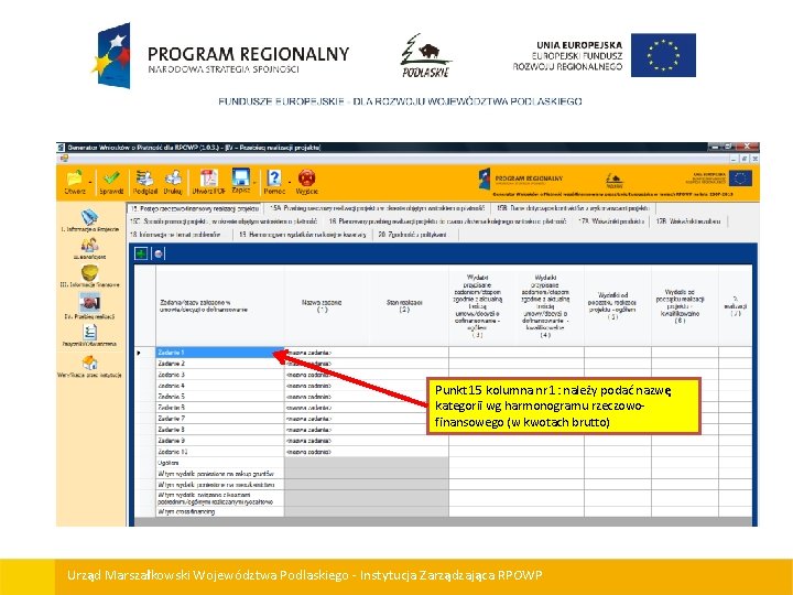 Punkt 15 kolumna nr 1: należy podać nazwę kategorii wg harmonogramu rzeczowofinansowego (w kwotach