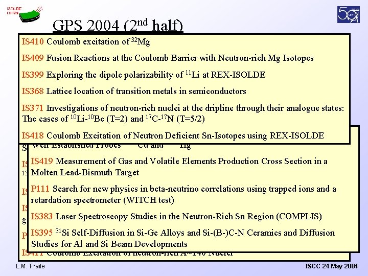 GPS 2004 (2 nd half) IS 410 Coulomb excitation of 32 Mg IS 409