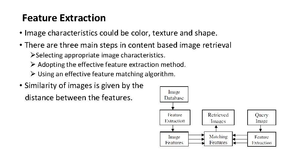 Feature Extraction • Image characteristics could be color, texture and shape. • There are