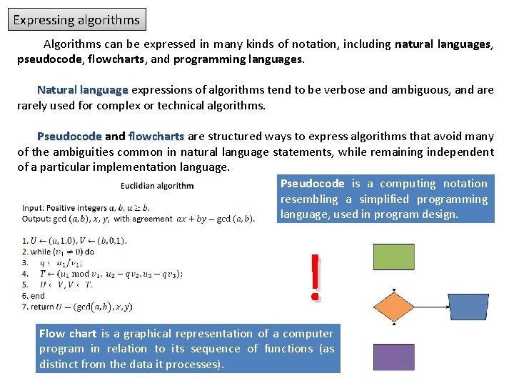 Expressing algorithms Algorithms can be expressed in many kinds of notation, including natural languages, Expressing algorithms Algorithms can be expressed in many kinds of notation, including natural languages,
