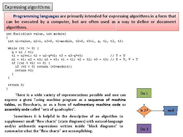 Expressing algorithms Programming languages are primarily intended for expressing algorithms in a form that Expressing algorithms Programming languages are primarily intended for expressing algorithms in a form that