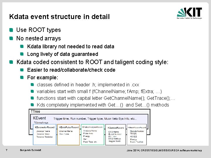 Kdata event structure in detail Use ROOT types No nested arrays Kdata library not