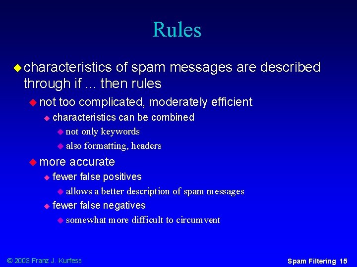 Rules u characteristics of spam messages are described through if. . . then rules