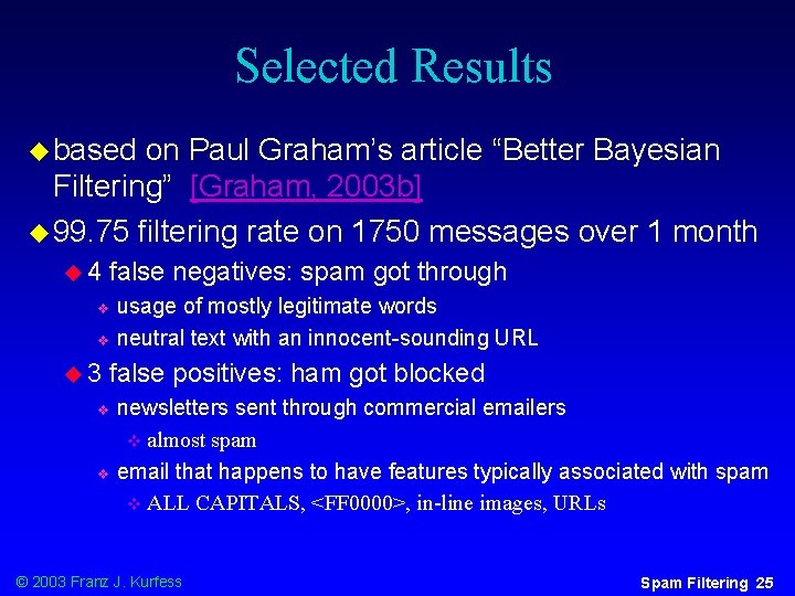 Selected Results u based on Paul Graham’s article “Better Bayesian Filtering” [Graham, 2003 b]