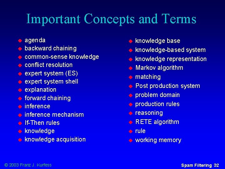 Important Concepts and Terms u u u u agenda backward chaining common-sense knowledge conflict