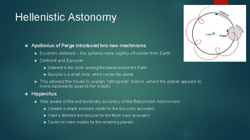 Hellenistic Astonomy Apollonius of Perga introduced two new mechinisms Eccentric deferent – the spheres