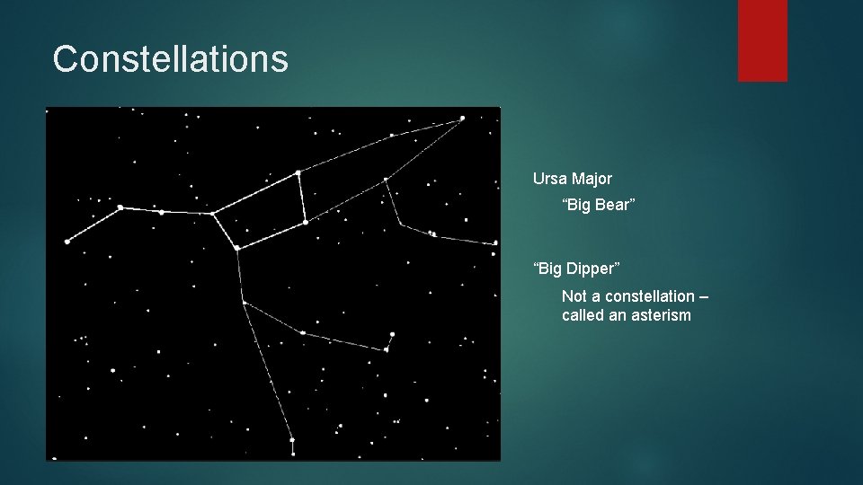 Constellations Ursa Major “Big Bear” “Big Dipper” Not a constellation – called an asterism