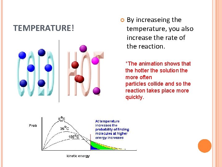 TEMPERATURE! By increaseing the temperature, you also increase the rate of the reaction. *The