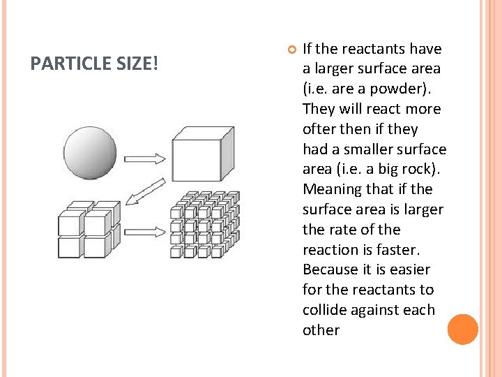 PARTICLE SIZE! If the reactants have a larger surface area (i. e. are a