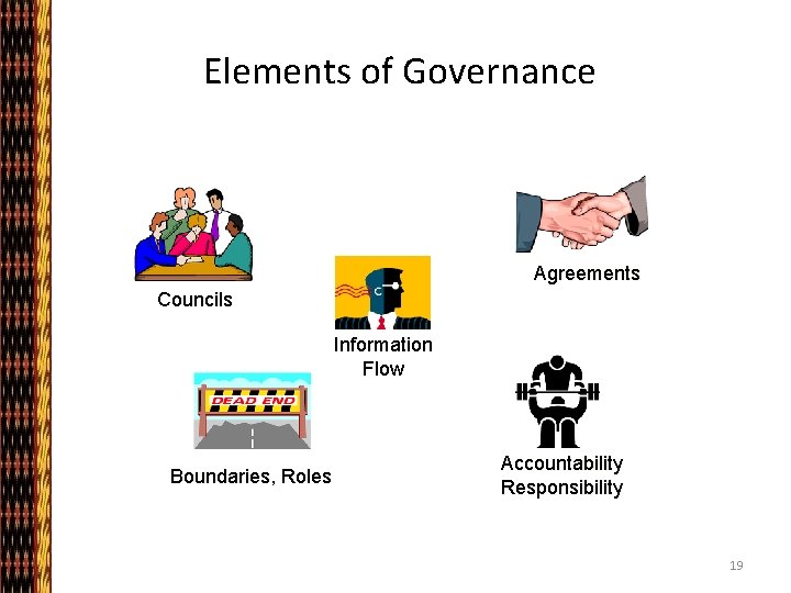 Elements of Governance Agreements Councils Information Flow Boundaries, Roles Accountability Responsibility 19 