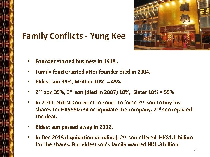 Family Conflicts - Yung Kee • Founder started business in 1938. • Family feud