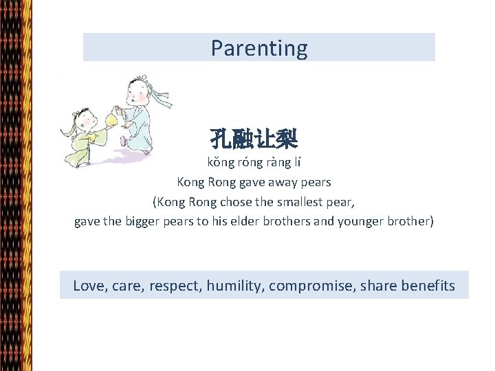 Parenting 孔融让梨 kǒng róng ràng lí Kong Rong gave away pears (Kong Rong chose