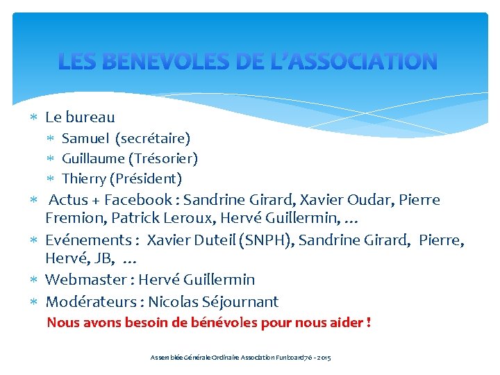 LES BENEVOLES DE L’ASSOCIATION Le bureau Samuel (secrétaire) Guillaume (Trésorier) Thierry (Président) Actus +