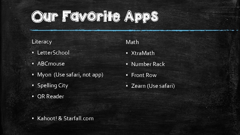 Our Favorite Apps Literacy Math ▪ Letter. School ▪ Xtra. Math ▪ ABCmouse ▪