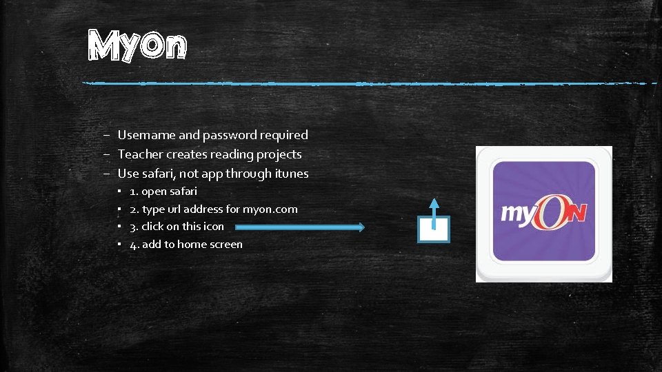 Myon – Username and password required – Teacher creates reading projects – Use safari,