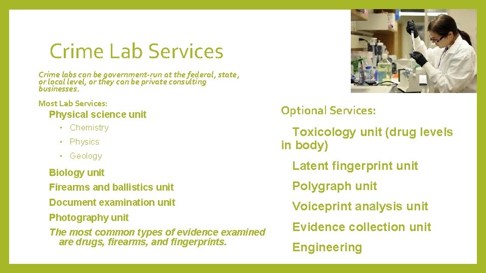 Crime Lab Services Crime labs can be government-run at the federal, state, or local