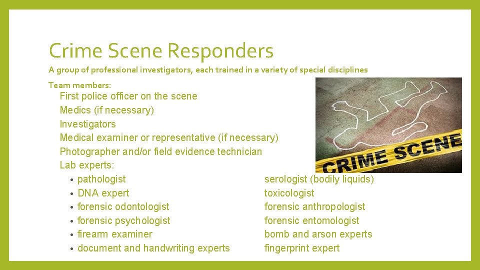 Crime Scene Responders A group of professional investigators, each trained in a variety of