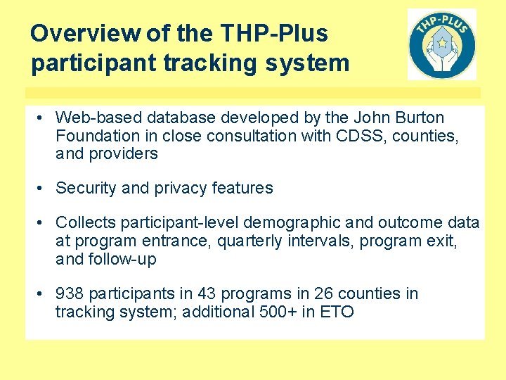 Overview of the THP-Plus participant tracking system • Web-based database developed by the John