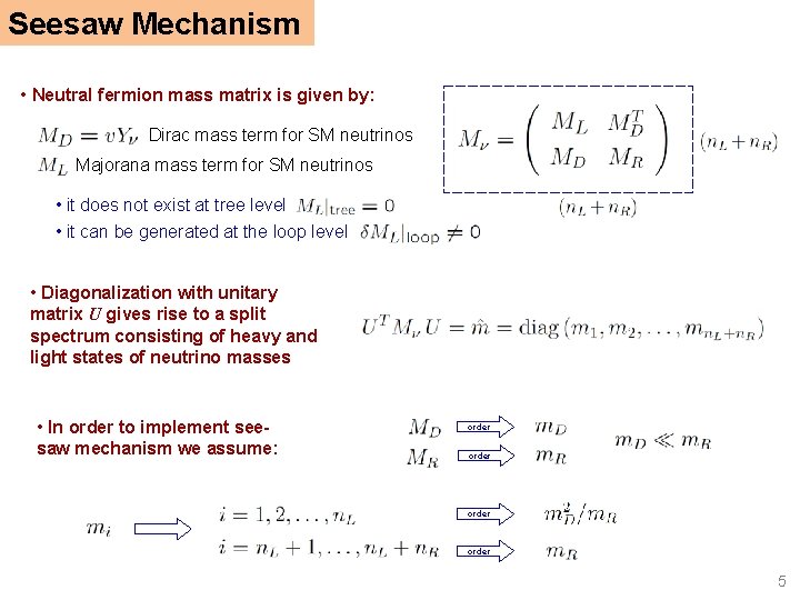 Seesaw Mechanism • Neutral fermion mass matrix is given by: Dirac mass term for