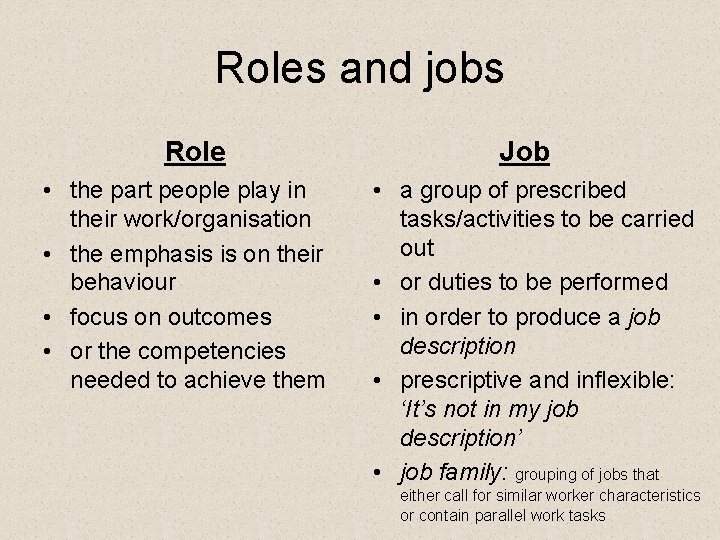 Roles and jobs Role • the part people play in their work/organisation • the