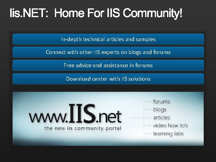 In-depth technical articles and samples Connect with other IIS experts on blogs and forums