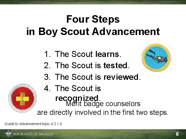 Four Steps in Boy Scout Advancement 1. 2. 3. 4. The Scout learns. The