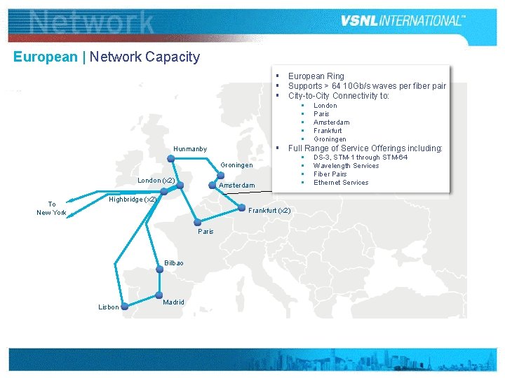 European | Network Capacity § European Ring § Supports > 64 10 Gb/s waves