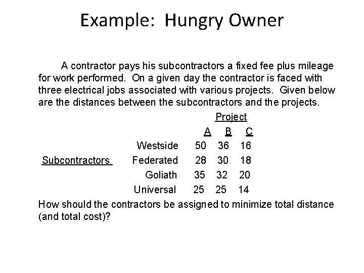 Example: Hungry Owner A contractor pays his subcontractors a fixed fee plus mileage for