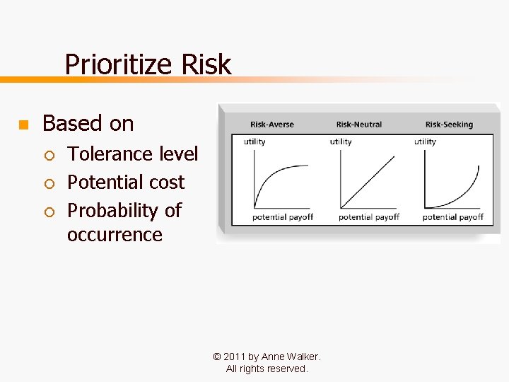 Prioritize Risk n Based on ¡ ¡ ¡ Tolerance level Potential cost Probability of Prioritize Risk n Based on ¡ ¡ ¡ Tolerance level Potential cost Probability of
