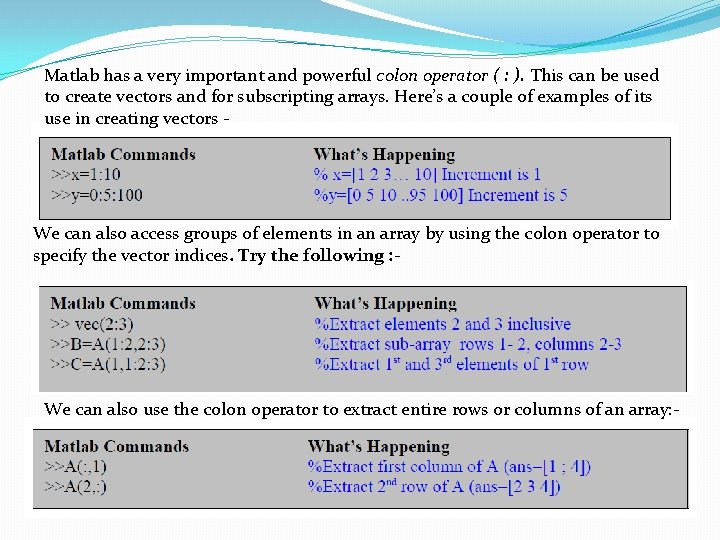 Matlab has a very important and powerful colon operator ( : ). This can