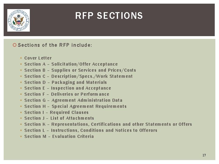 RFP SECTIONS Sections of the RFP include: § § § § Cover Letter Section