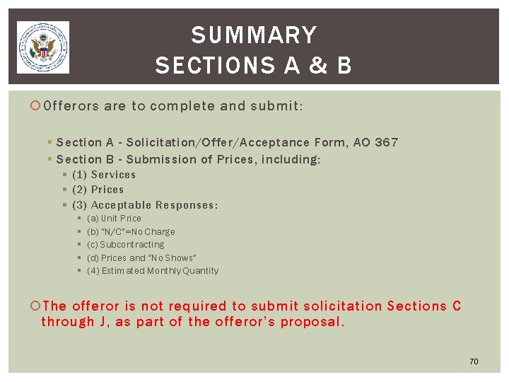 SUMMARY SECTIONS A & B Offerors are to complete and submit: § Section A