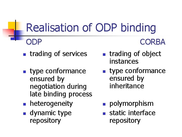 Realisation of ODP binding ODP n n trading of services type conformance ensured by